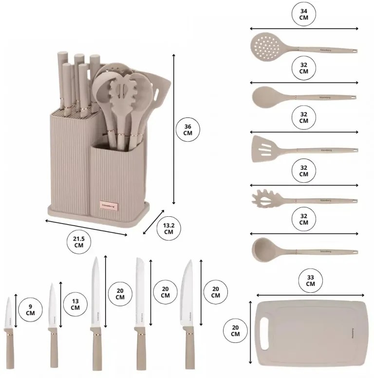 Σετ μαχαιριών και σκευών Klausberg KB 7935, πίνακας και βάση, 12 τεμάχια, Μπεζ