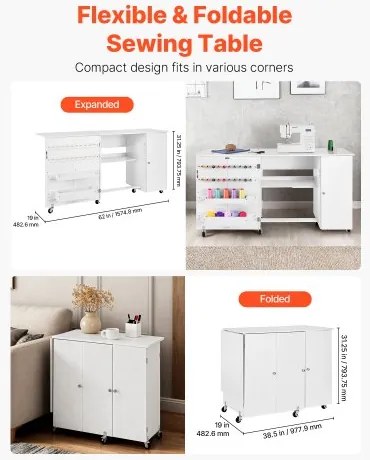 VEVOR Folding Sewing Table, Multipurpose Sewing Machine Table with Cabinet, Compact Design, Wheels, Wooden Pegs, Storage Trays and Shelf, Magnetic Door, Craft Station and Side Desk for Home, White