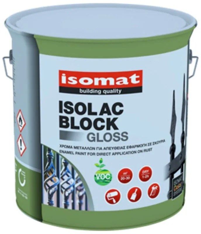 Isomat Isolac-Block Gloss Εξαιρετικής Ποιότητας Αντισκωριακό Χρώμα Μετάλλων Μαύρο 0,75 Lit ISO.0251.BLGL.BLA.075