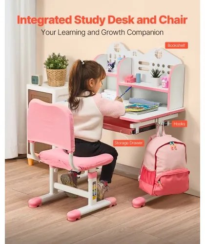 VEVOR Kids Study Chair and Desk with Bookshelf &amp; Drawer Adjustable Height Pink