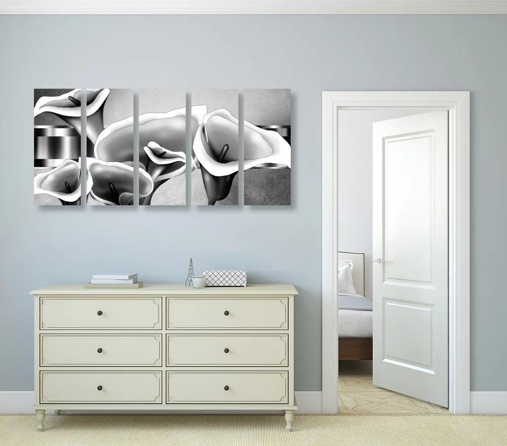 Εικόνα 5 τμημάτων κομψά λουλούδια λάσπης σε μαύρο & άσπρο
