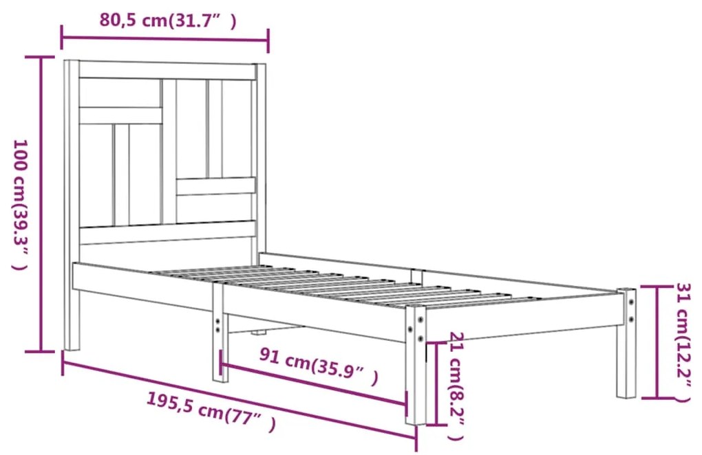 vidaXL Πλαίσιο Κρεβατιού 75 x 190 εκ. από Μασίφ Ξύλο Small Single