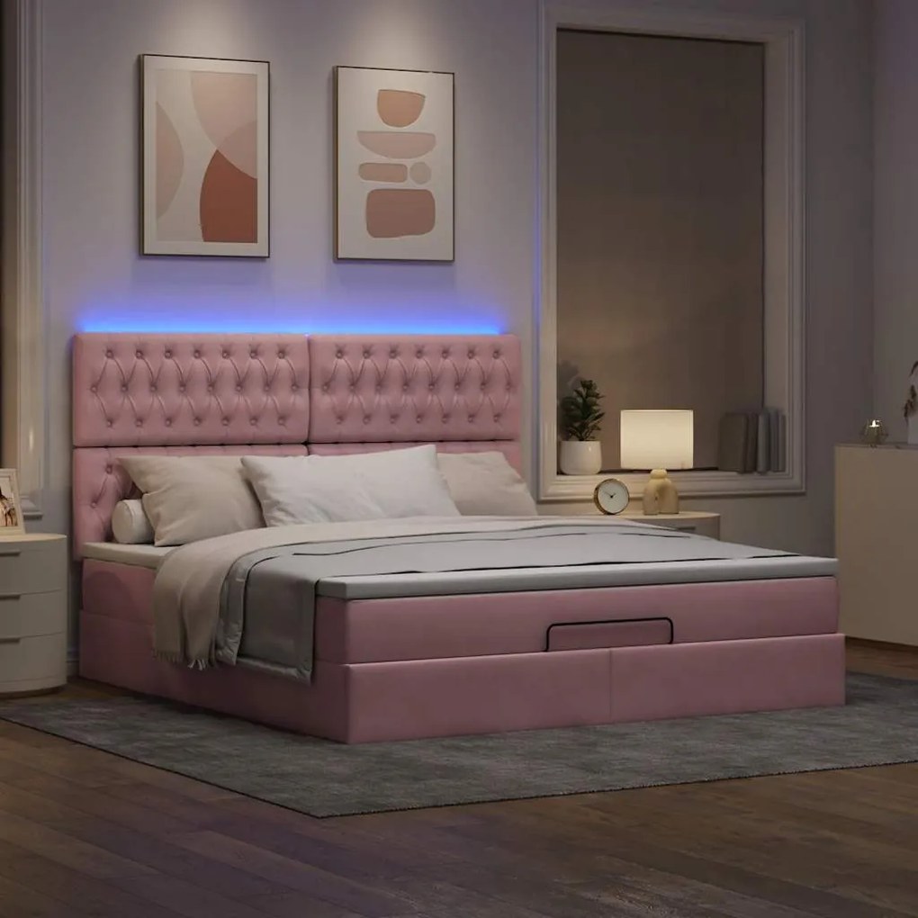 vidaXL Οθωμανικό κρεβάτι με στρώματα & LEDs Ροζ 180x200cm Velvet