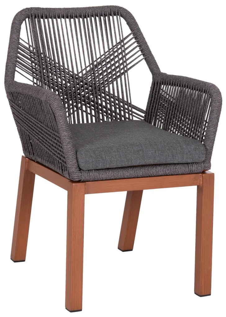 Καρέκλα - Πολυθρόνα HOWARD C5543.11 Αλουμίνιο Καφέ - Σχοινί - Μαξιλάρι Γκρί 57,5x62x84Υ εκ. 4αδα 57.5x62x84 εκ.