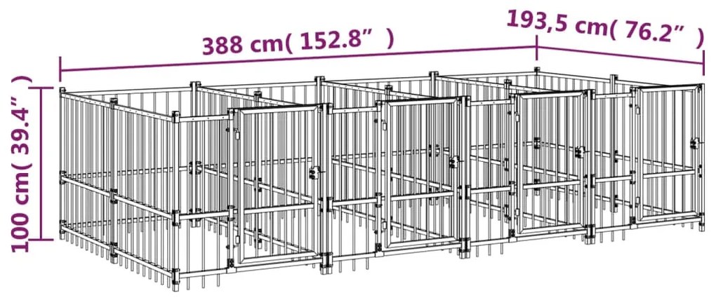 vidaXL Κλουβί Σκύλου Εξωτερικού Χώρου 7,51 μ² από Ατσάλι