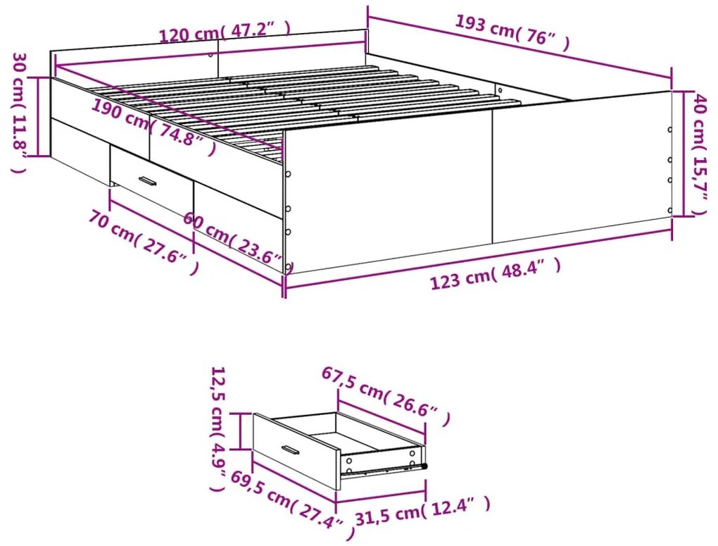 Πλαίσιο Κρεβατιού με συρτάρια Sonoma Δρυς 120x190εκ. Επεξ. Ξύλο - Καφέ