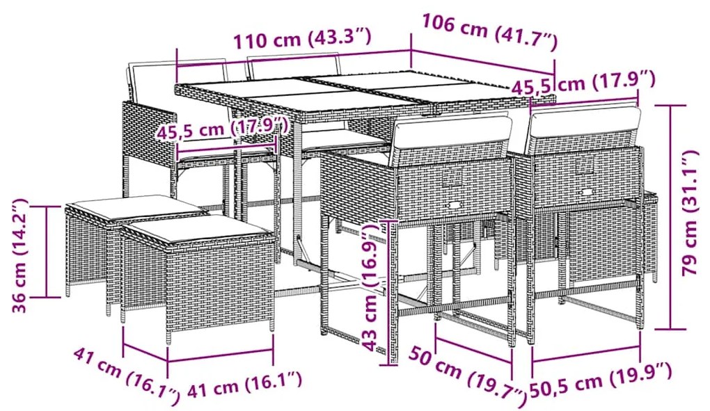 vidaXL Σετ Τραπεζαρίας Κήπου 9 τεμ. Γκρι Συνθ. Ρατάν με Μαξιλάρια