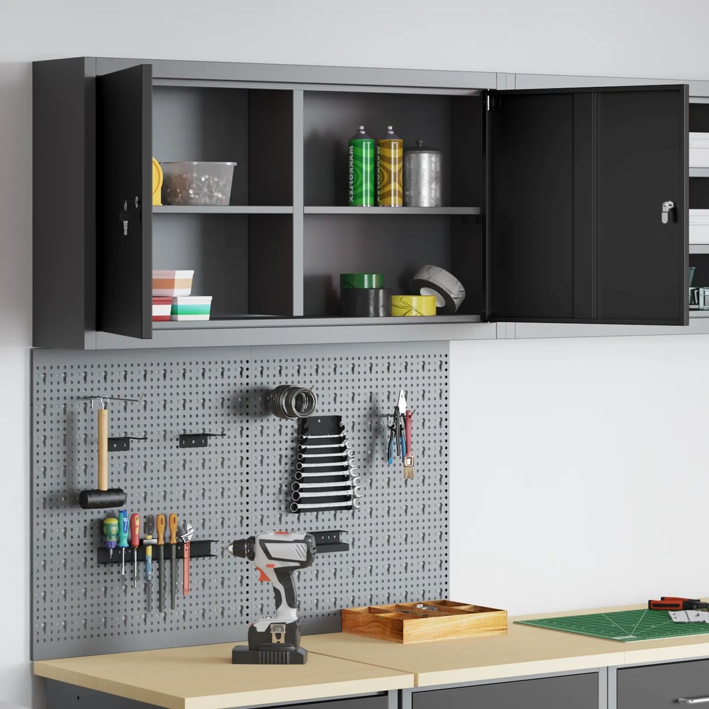 vidaXL Set εργαλείων 3 τμχ και πίνακας οργάνωσης τοίχου Μαύρος Μετάλλου