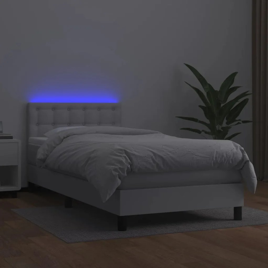 vidaXL Κρεβάτι Boxspring με Στρώμα & LED Λευκό 90x200 εκ. Συνθ. Δέρμα