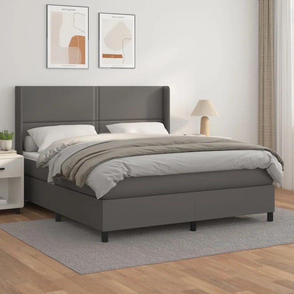 vidaXL Κρεβάτι Boxspring με Στρώμα Γκρι 160x200εκ. από Συνθετικό Δέρμα