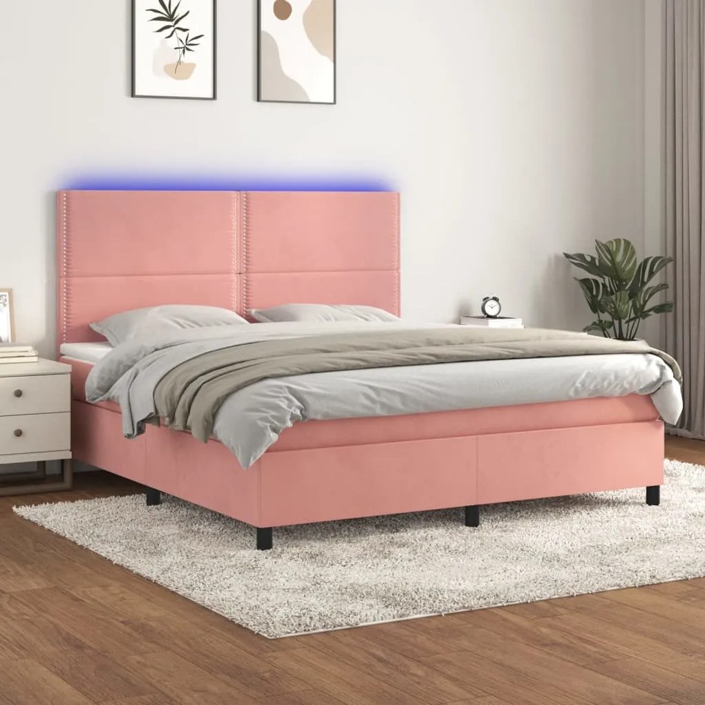 vidaXL Κρεβάτι Boxspring με Στρώμα & LED Ροζ 160x200 εκ. Βελούδινο