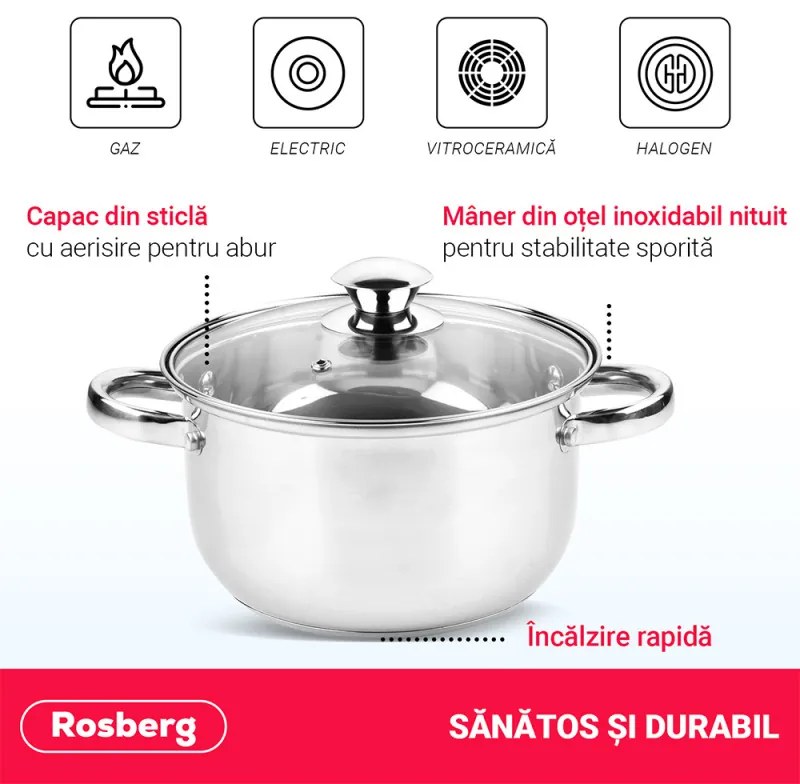 Κατσαρόλα Rosberg R51210O22, 3.6L, 22 cm, Γυάλινο καπάκι με τρύπα εκτόνωσης ατμού, Inox