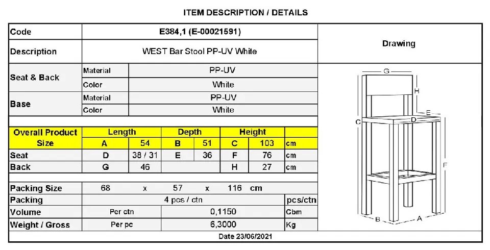 WEST ΣΚΑΜΠΟ BAR, PP-UV ΑΣΠΡΟ