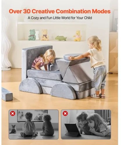 VEVOR Modular Kids Play Couch, Sectional Toddler Sofa with Armrests, 28D Sponge &amp; Short Pile, Convertible Kids Modular Couch DIY Creative Combination for Playroom, Bedroom, Living Room, 14 Pcs, Gray