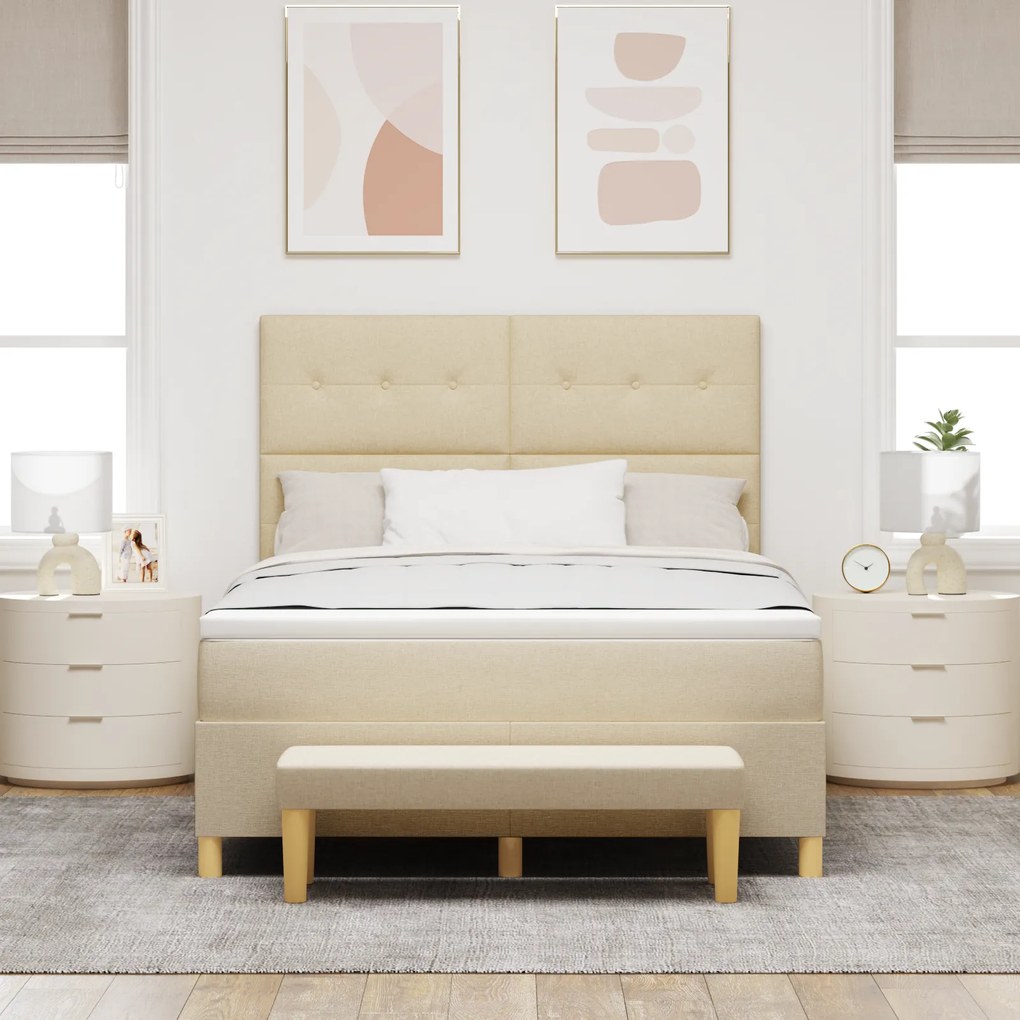 vidaXL Κρεβάτι Box Spring με Στρώμα & Παγκάκι Κρεμ 140x200 εκ. Ύφασμα