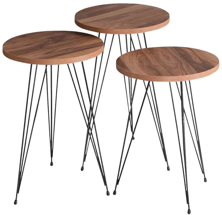 Τραπεζάκια σαλονιού Βοηθητικά Wakmi σετ 3 τεμ φυσικό μελαμίνη - μαύρο μέταλλο 33x33x55 εκ.