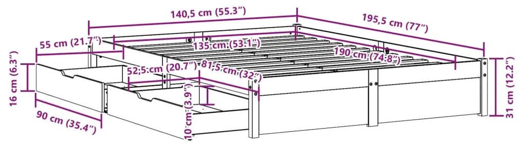 Σκελετός Κρεβατιού Χωρίς Στρώμα 135x190 εκ Μασίφ Ξύλο Πεύκου - Καφέ