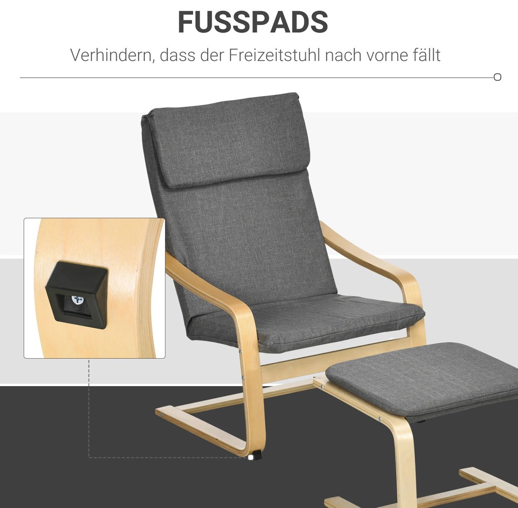 HOMCOM Πολυθρόνα με υποπόδιο, σετ πολυθρόνας, έως 120 kg, όψη λινό, μασίφ ξύλο, Γκρι + Φυσικό, 66,5 x 80 x 99 cm