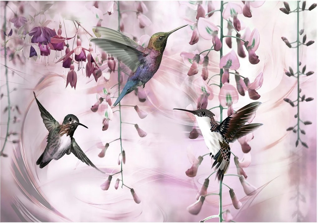 Αυτοκόλλητη φωτοταπετσαρία - Flying Hummingbirds (Pink) - 196x140