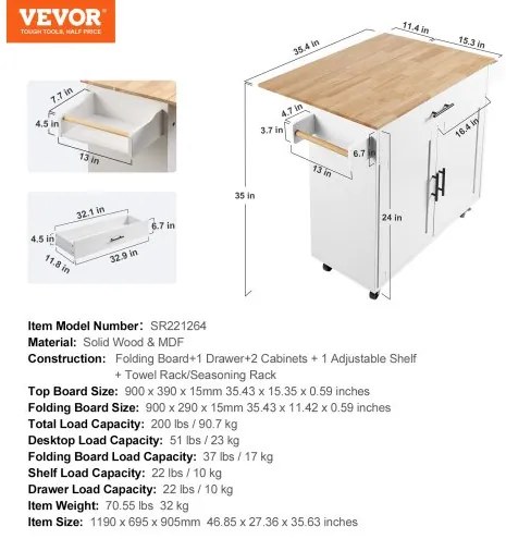 VEVOR Kitchen Island Cart with Solid Wood Top, 35.4" Width Mobile Carts with Storage Cabinet, Rolling Kitchen Table with Spice Rack, Towel Rack, Drop Leaf and Drawer, Portable Islands on Wheels, White