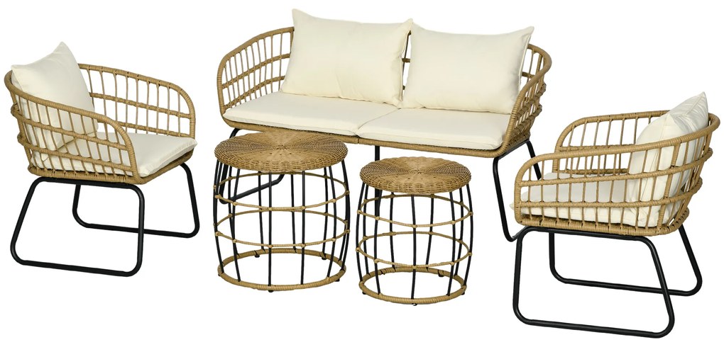 Outsunny Σετ σαλονιού από ρατάν, Σετ καθιστικού εξωτερικού χώρου, στυλ Boho, 5 τεμαχίων, 145 x 70 x 78 cm, Κρεμ + Φυσικό + Μαύρο