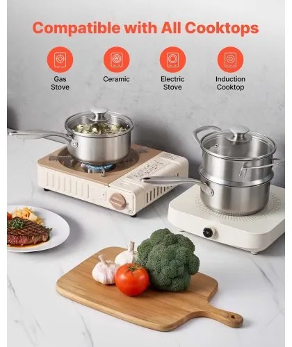 VEVOR 1.5 QT Saucepan with Steamer, Stainless Steel Saucepan with Glass Lid, Multipurpose Nonstick Stainless Steel Sauce Pot with Ergonomic Handle, Friendly for Oven, Dishwasher, Induction Cooker