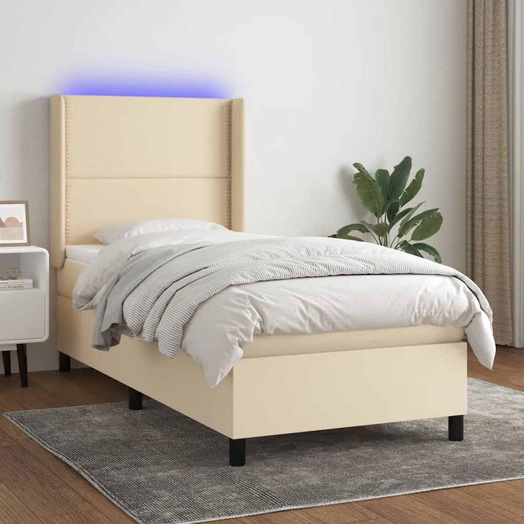 Κρεβάτι Boxspring με Στρώμα &amp; LED Κρεμ 90x190 εκ. Υφασμάτινο