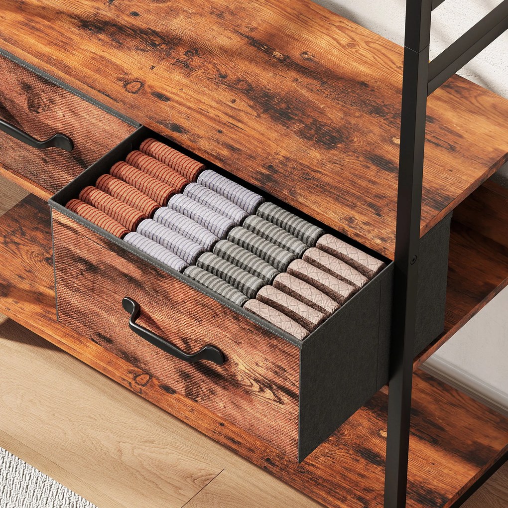 Κρεμάστρα HOMCOM με παπουτσοθήκη, βάση παλτών με πάγκο, 10 γάντζους, 2 υφασμάτινα συρτάρια, ράβδο ρούχων, μοριοσανίδα, μέταλλο, καφέ