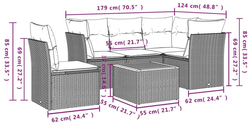 Καναπές Κήπου 6 Τεμαχίων Μαύρο από Συνθετικό Ρατάν με Μαξιλάρια - Μαύρο