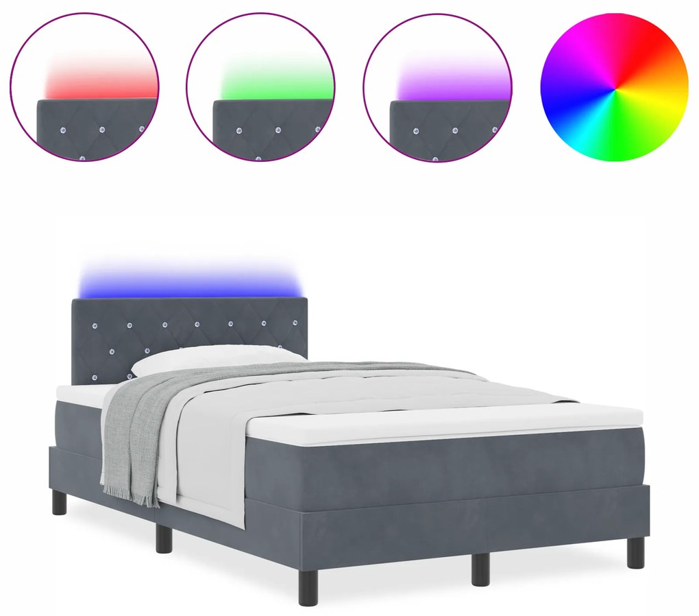 vidaXL Κρεβάτι με Βαλίτσα και Στρώμα LED Σκούρο Γκρι 120x190 εκ. Βελούδο