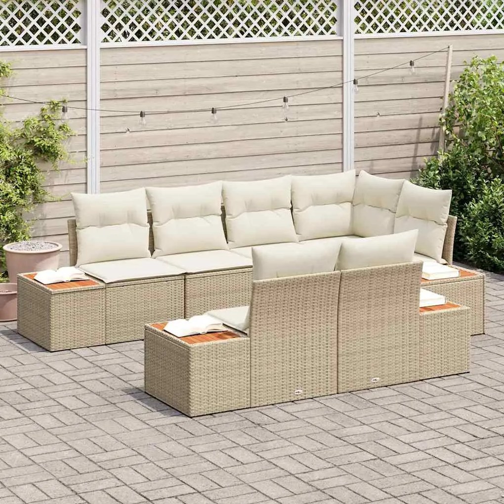 vidaXL Σετ Καναπέ Κήπου με μαξιλάρι 7 pcs Μπεζ Πολυ ράταν