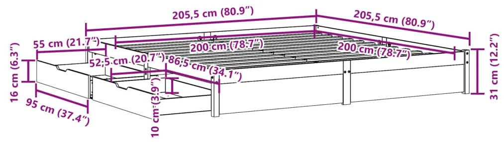 Σκελετός Κρεβατιού Χωρίς Στρώμα 200x200 εκ Μασίφ Ξύλο Πεύκου - Καφέ