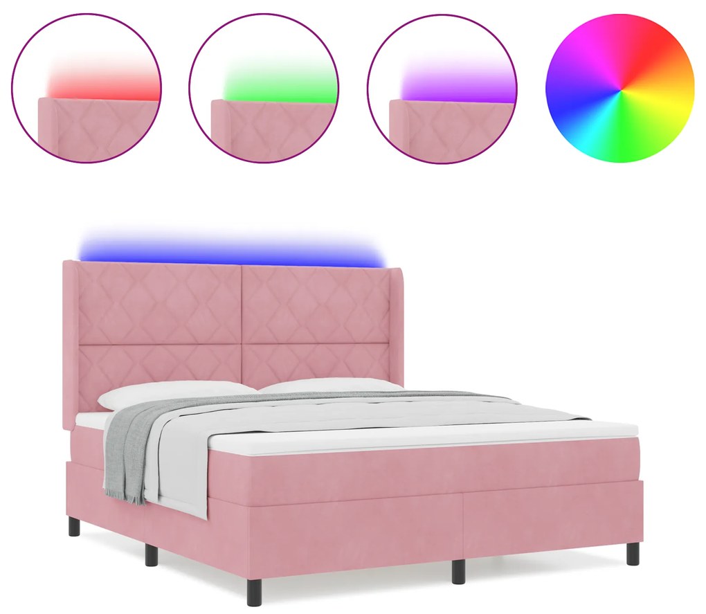 vidaXL Κρεβάτι Box Spring με Στρώμα & LED Ροζ 180x200 εκ Βελούδο