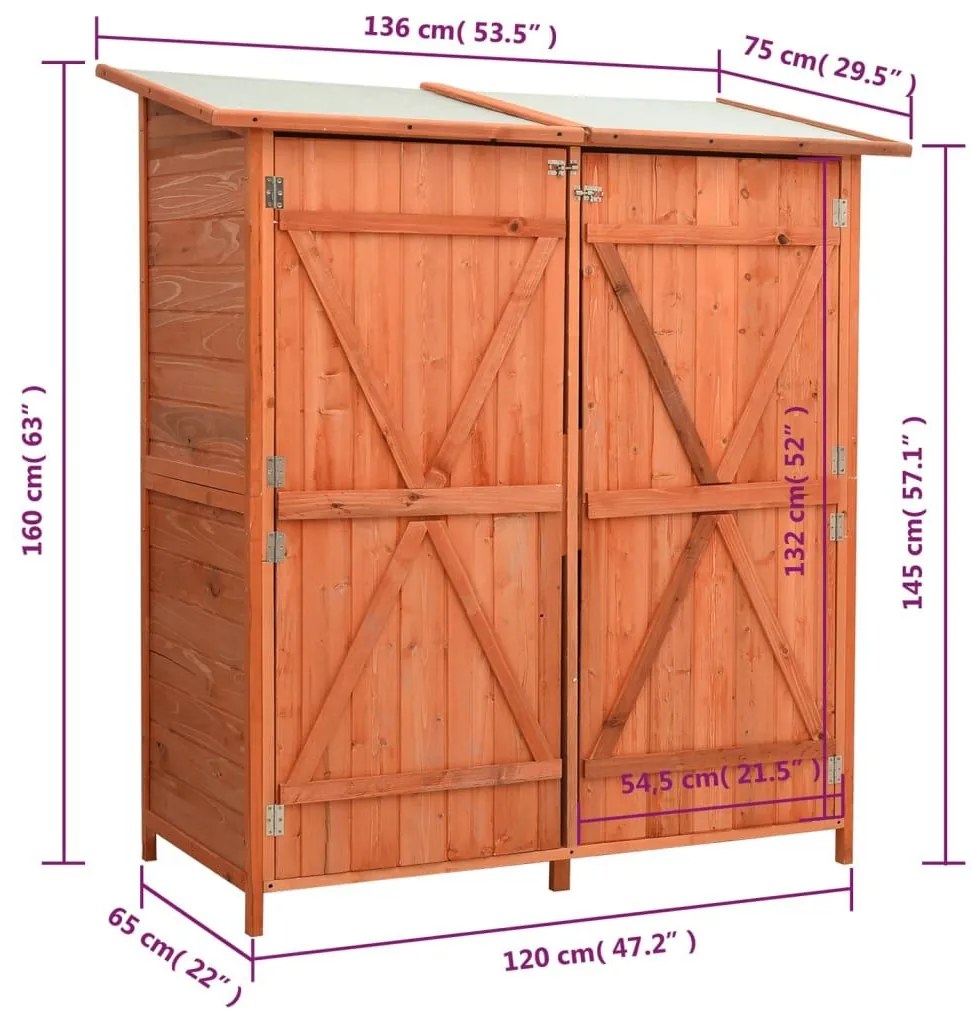 Αποθήκη Εργαλείων Κήπου 136x75x160 εκ. από Μασίφ Ξύλο Ελάτης - Καφέ
