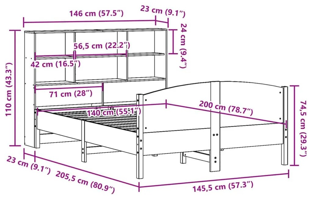 Κρεβάτι Βιβλιοθήκη Χωρίς Στρώμα 140x200 εκ Μασίφ Ξύλο Πεύκο - Λευκό