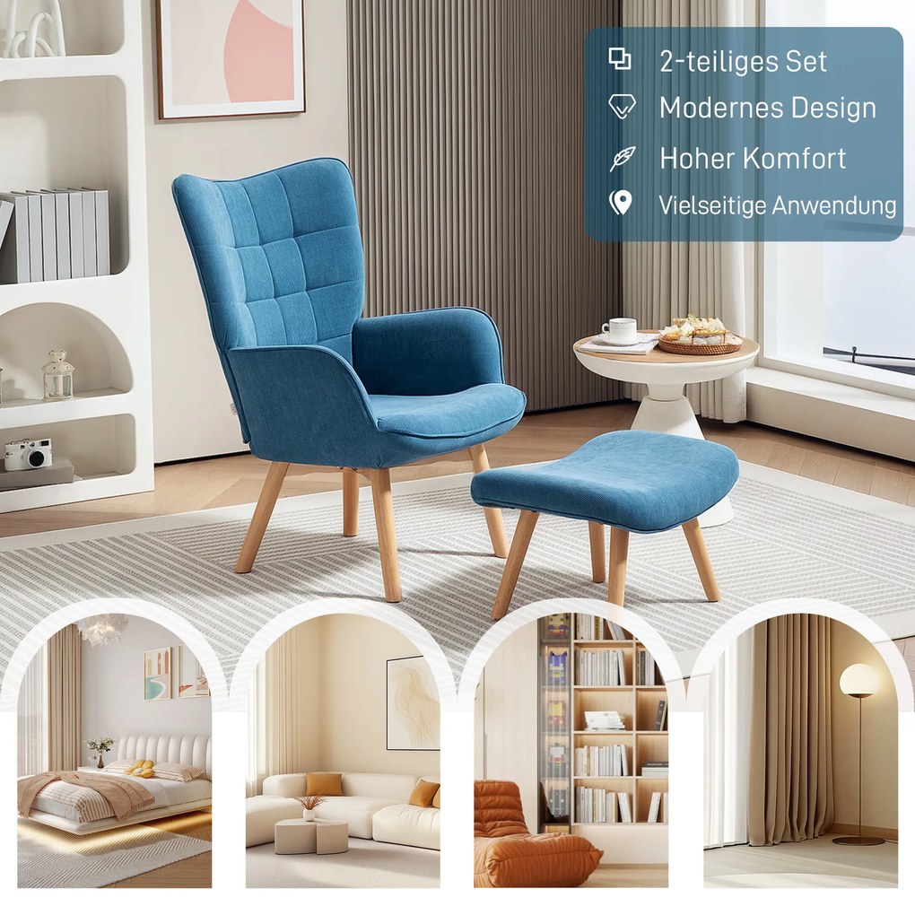 HOMCOM Πολυθρόνα με υποπόδιο, πολυθρόνα Relax σε υφή κοτλέ, πολυθρόνα με ξύλινα πόδια, για σαλόνι, Μπλε