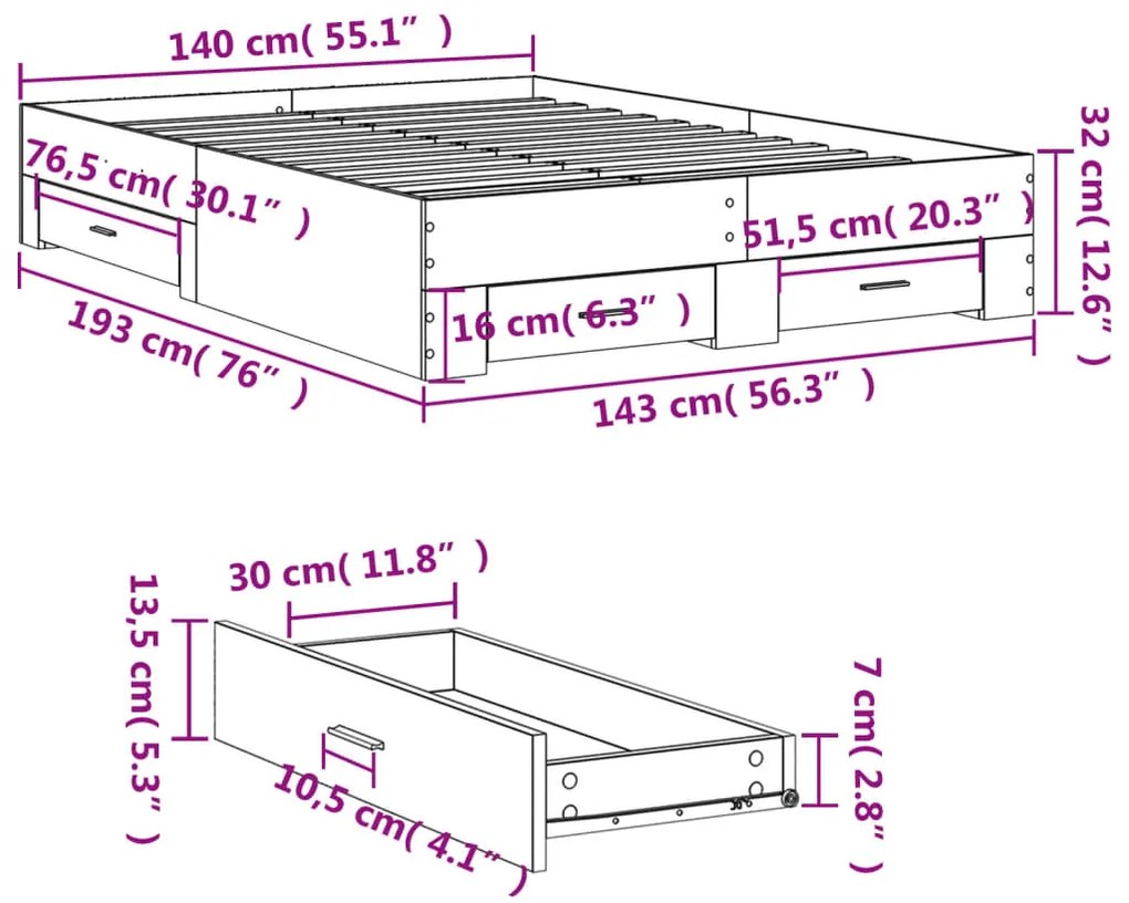 Πλαίσιο Κρεβατιού με συρτάρια Γκρι sonoma 140x190εκ. Επεξ. Ξύλο - Γκρι