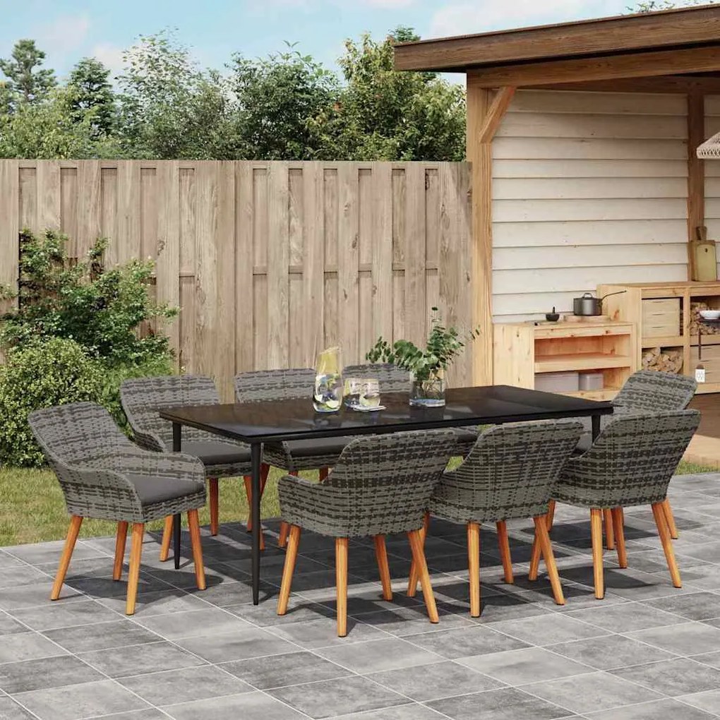 vidaXL Σέτ φαγητού για κήπο με μαξιλάρι 9 pcs Γκρι συνθετικό ρατάν