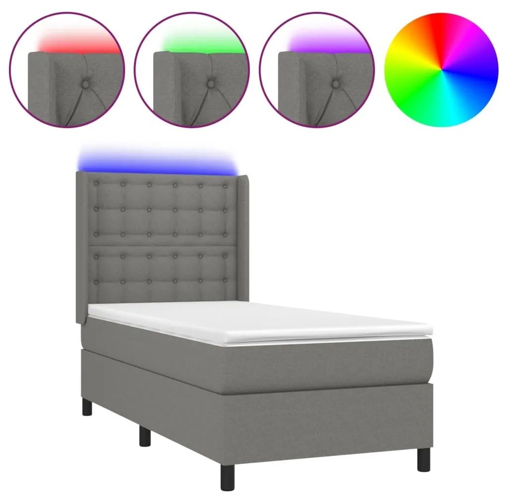 Κρεβάτι Boxspring με Στρώμα &amp; LED Σκ.Γκρι 80x200 εκ. Υφασμάτινο - Γκρι