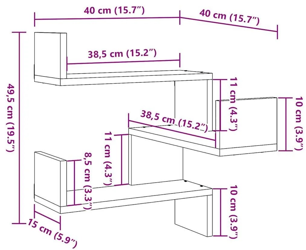 Γωνιακά ράφια τοίχου 2 τεμάχια Παλιό ξύλο 40x40x49,5 cm - Καφέ