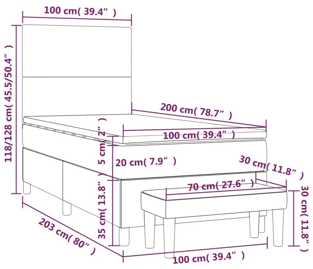 Κρεβάτι Boxspring με Στρώμα Γκρι 100x200εκ. από Συνθετικό Δέρμα - Γκρι