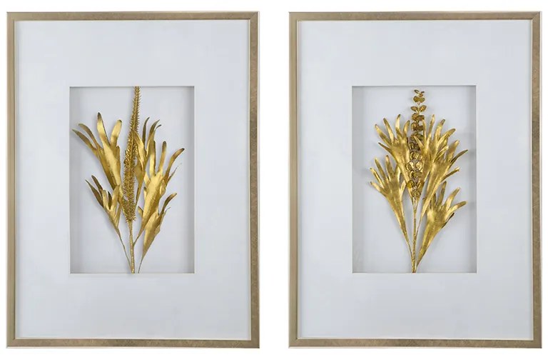 Artekko Botanicial Πίνακας με Κορνίζα και Φύλλα Ξύλο Γυαλί Χρυσό (60x3x80)cm Σετ/2 Artekko 83472-SA