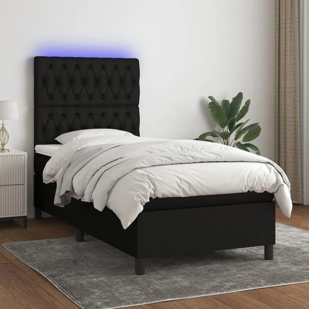 vidaXL Κρεβάτι Boxspring με Στρώμα & LED Μαύρο 90x190 εκ. Υφασμάτινο