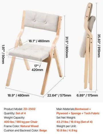 VEVOR Wooden Folding Chairs with Padded Cushion and Wooden Frame Beige Set of 4