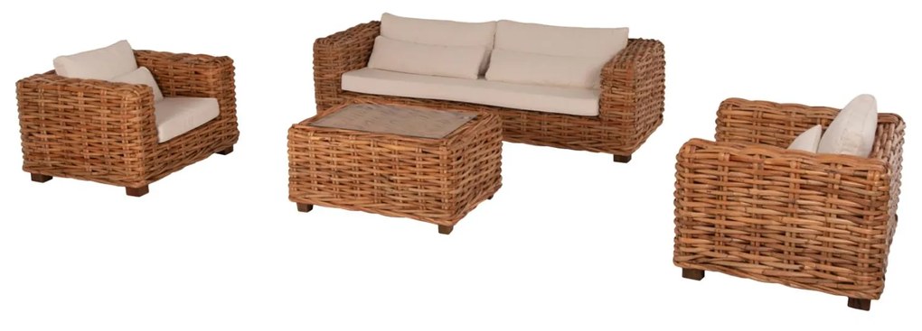 Σετ κήπου Σαλόνι TROPEL 4 τεμ Ξύλο Μαόνι με Φυσικό Rattan &amp; Λευκά Μαξιλάρια