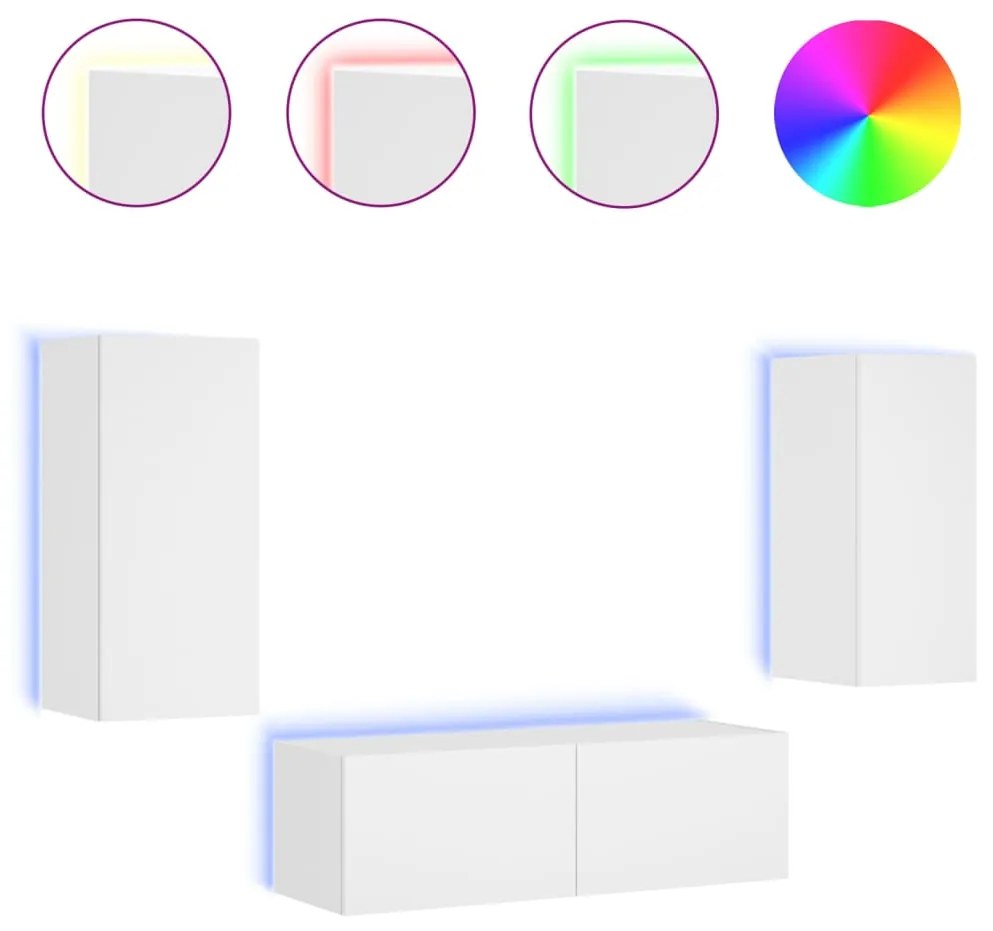 vidaXL Ντουλάπια Τηλεόρασης Τοίχου 3 Τεμ. με Φώτα LED Λευκά