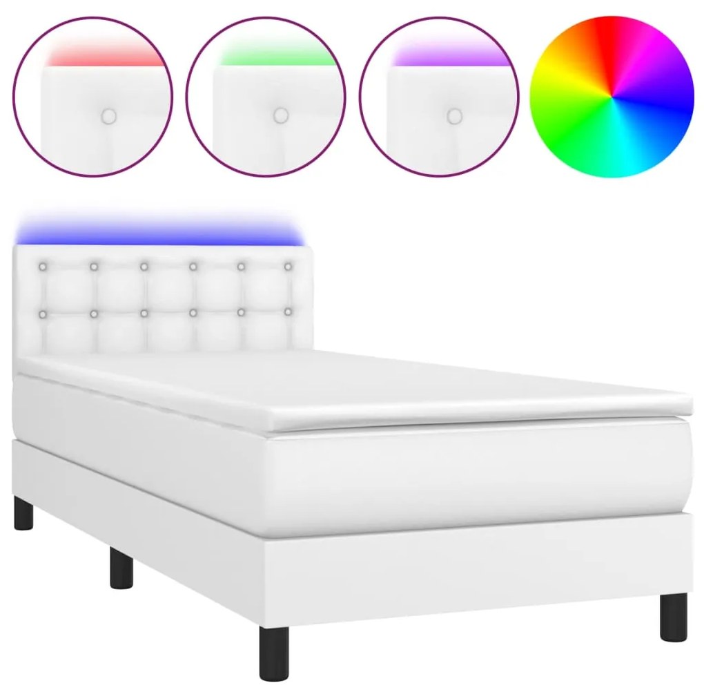 Κρεβάτι Boxspring με Στρώμα &amp; LED Λευκό 90x190 εκ. Συνθ. Δέρμα - Λευκό