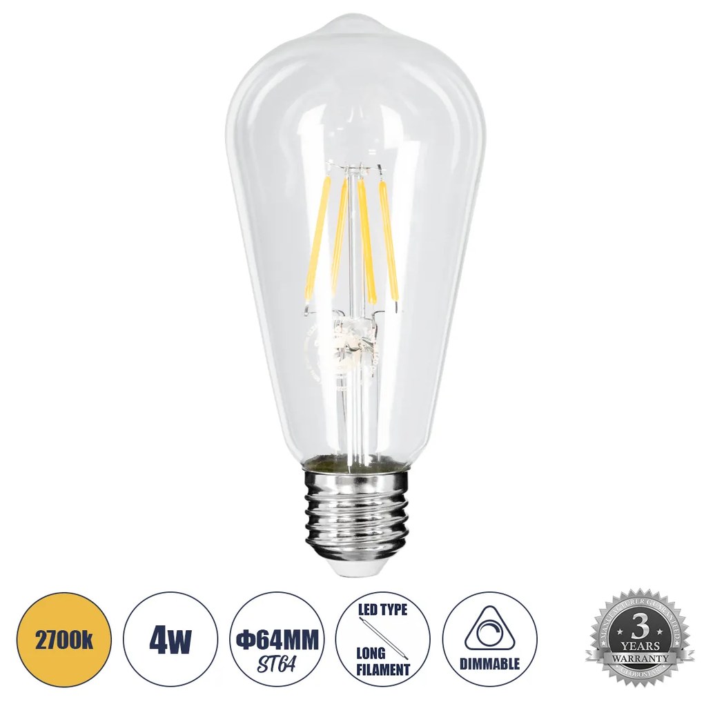 GloboStar 99015 Λάμπα LED Long Filament E27 ST64 Αχλάδι 4W 400lm 360° AC 220-240V IP20 Φ6.4 x Υ14cm Θερμό Λευκό 2700K με Διάφανο Γυαλί Dimmable - 3 Χρόνια Εγγύηση - 99015