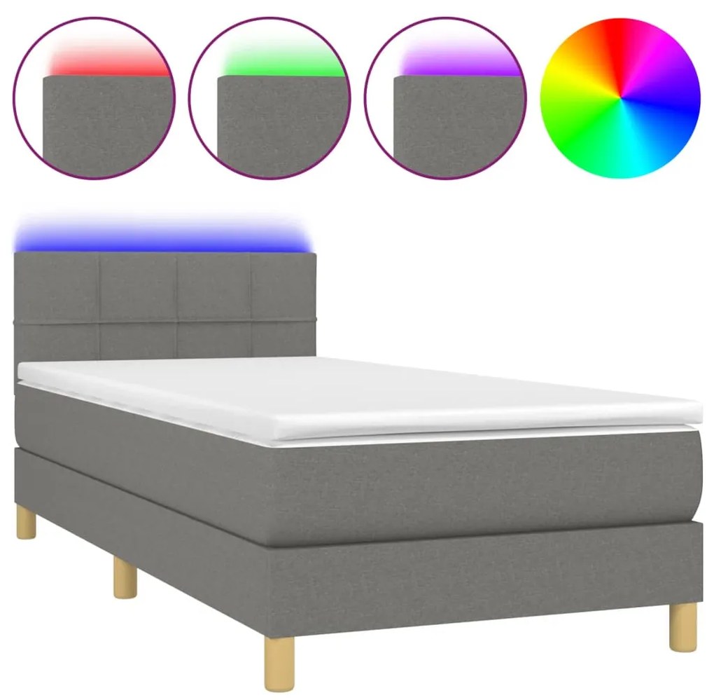 Κρεβάτι Boxspring με Στρώμα &amp; LED Σκ.Γκρι 100x200 εκ Υφασμάτινο - Γκρι