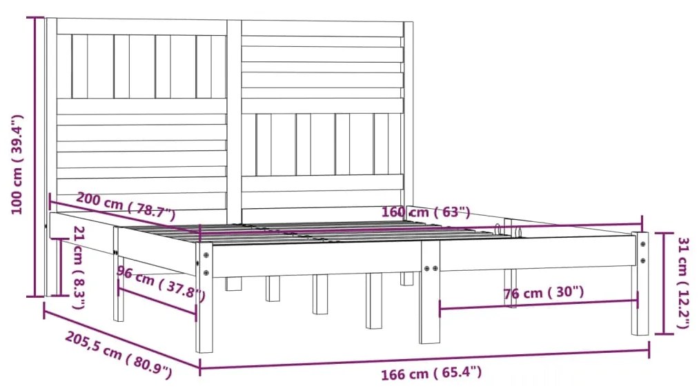 Πλαίσιο Κρεβατιού 160 x 200 εκ. από Μασίφ Ξύλο Πεύκου - Καφέ